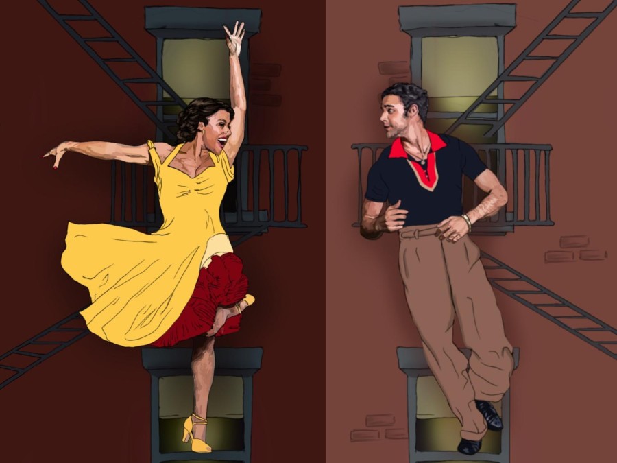 An illustration of a woman wearing a yellow dress and a man wearing a black shirt and brown pants. They are dancing in front of a building with a red exterior.