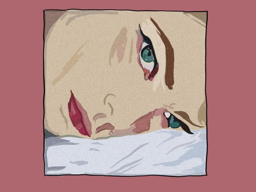 An illustration of a female with green eyes lays down on white bedding. There is a pink frame around the image.