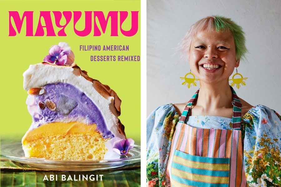 A collage of two photos. On the left is a book cover with the title “MAYUMU” and a photo of a slice of cake. On the right is the book’s author, Abi Balingit, wearing a colorful apron and smiling at the camera.