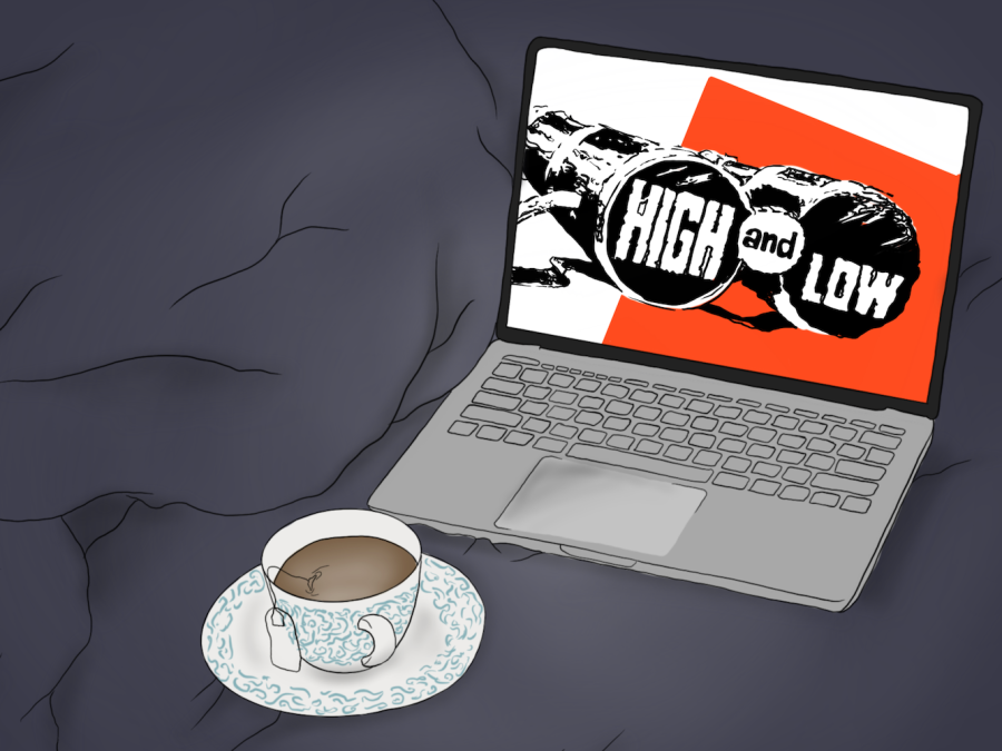 An illustration of a computer on a bed covered with a blue blanket. The computer’s screen displays a pair of binoculars with text that reads “High and Low.”