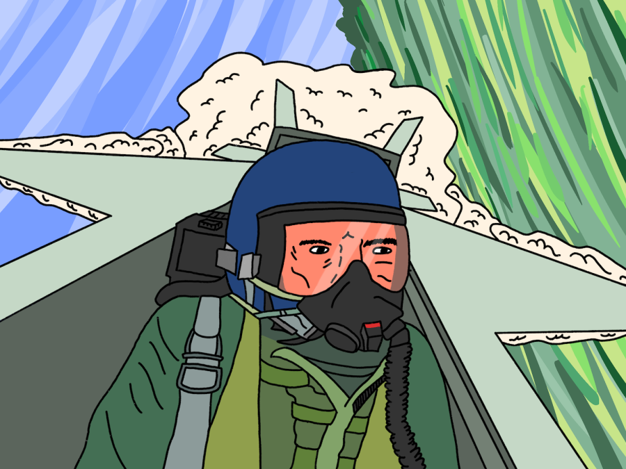 An+illustration+of+actor+Tom+Cruise+operating+a+fighter+jet.+He+wears+a+green+suit+and+a+blue+helmet.