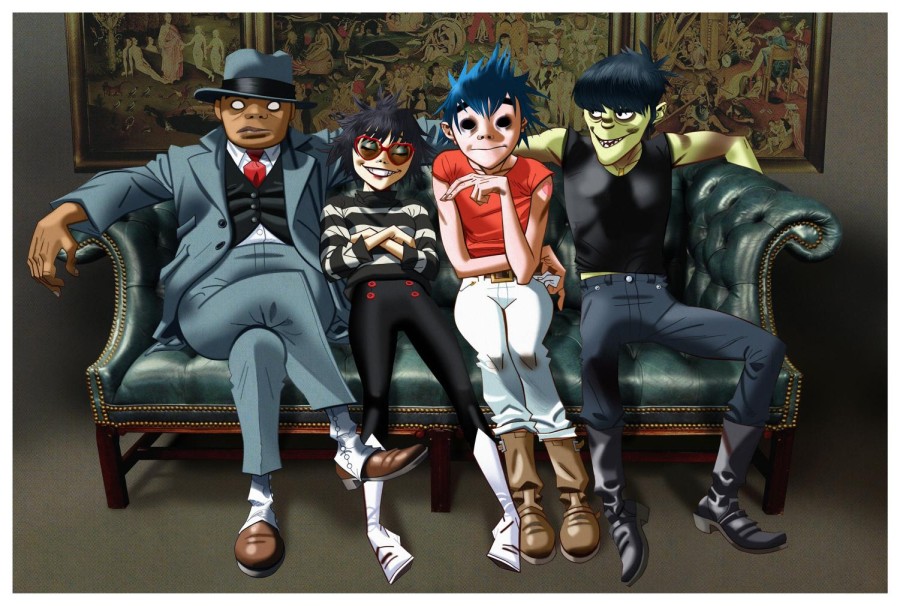 An anime-style illustration with four characters sitting on a couch. The characters from the alternative animated band Gorillaz.