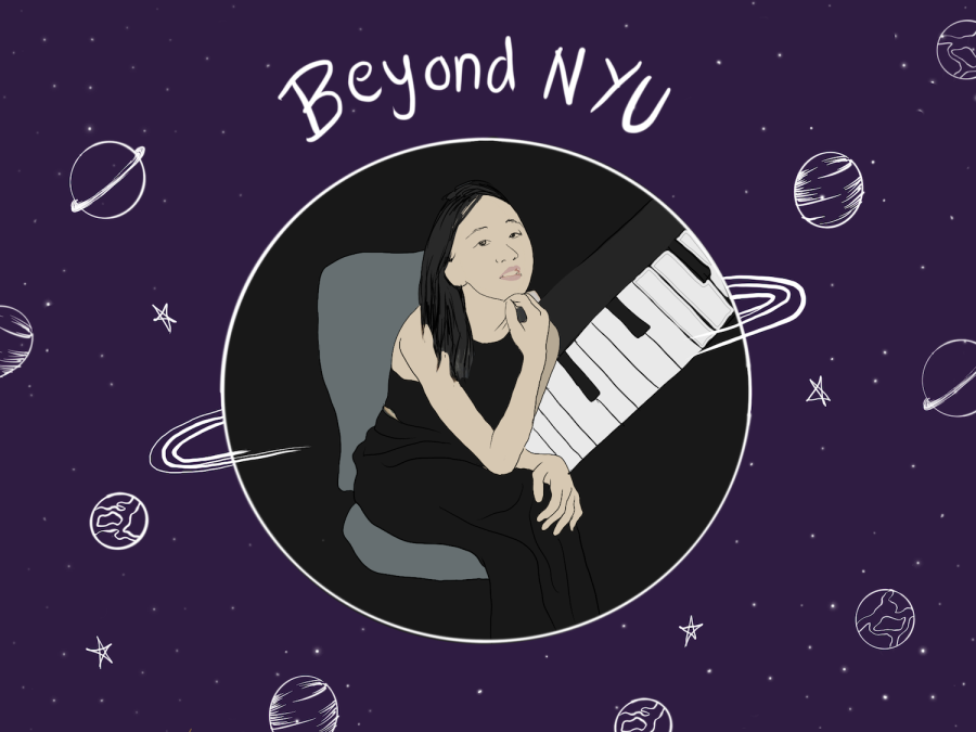 An illustration of a woman wearing a black dress. Next to her is a musical keyboard. The illustration has a purple background with white planets, stars and the text “Beyond N.Y.U.’