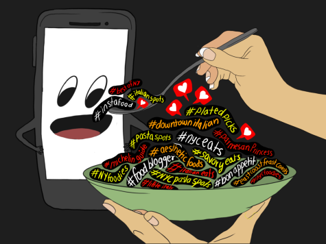 One hand holds a green bowl filled with hashtags, and another feeds the hashtags into the mouth of an anthropomorphized phone.