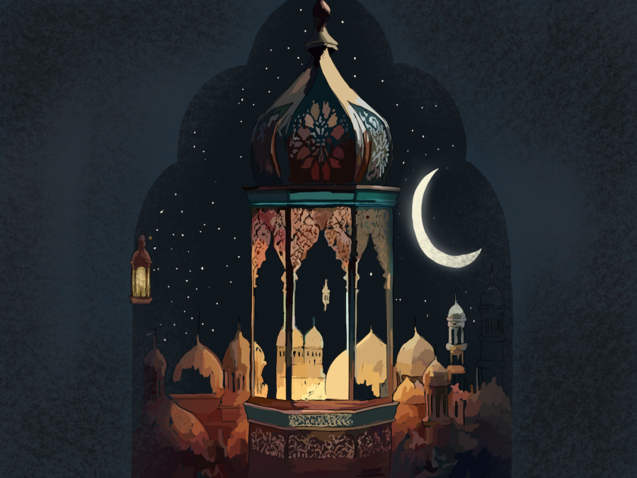 An illustration of a pavilion with a dome, covered in stained-glass-like art against the night sky with crescent moon and stars. Smaller domes lay behind the center one, which has a clear middle above an ornate bottom.