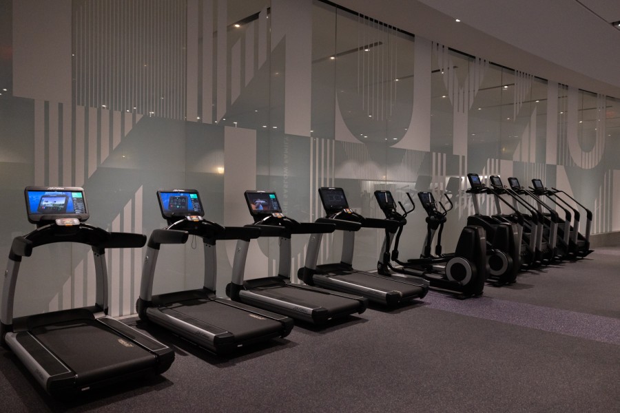 Photo of a row of treadmills lined up against the wall.