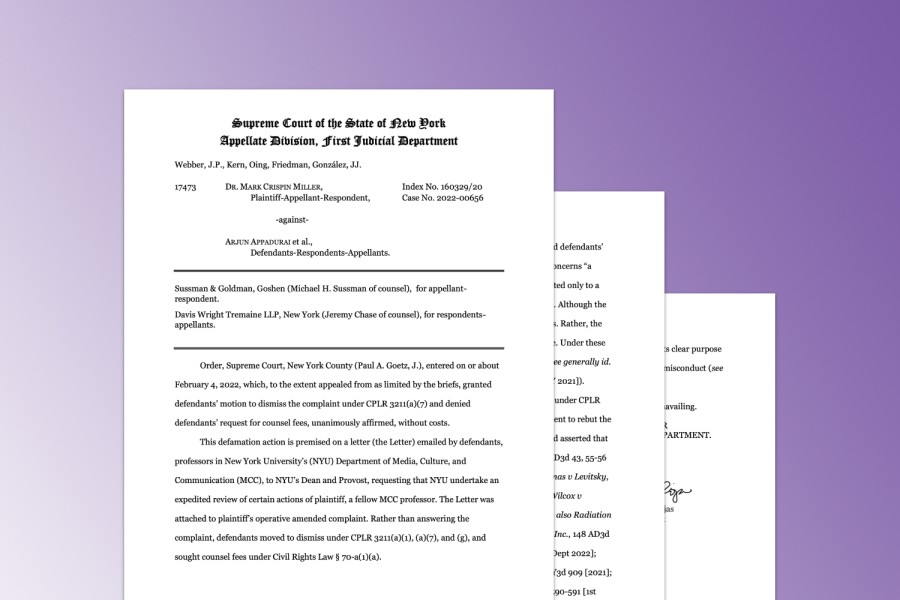 Three pages of legal document stacked on top of each other against a purple background. The text indicates that the lawsuit is initiated by Mark Crispin Miller.