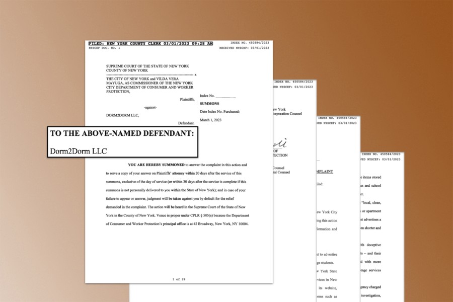 Four pages of legal documents against a brown background. The document indicates that this is a lawsuit against a company named “Dorm two Dorm.”