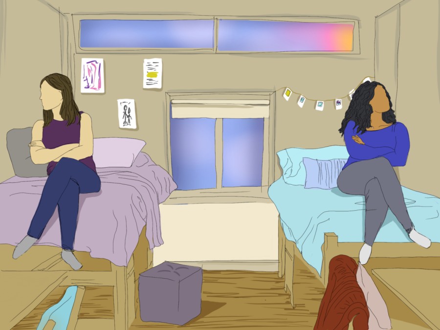 Illustration of a college dorm room with two beds and posters hanging on the wall.  The bed on the left is purple, and on it sits a girl in a purple T-shirt and blue pants.  The bed on the right has light blue linens, and a girl in a long-sleeved blue sweater and gray trousers sits upstairs.  Both girls crossed their arms, turning away from each other to face opposite walls.