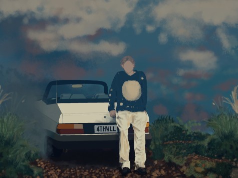 An illustration of a man wearing a dark blue sweater and white pants leaning against the rear of a white convertible whose license plate number reads “4.T.H.W.A.L.L.”