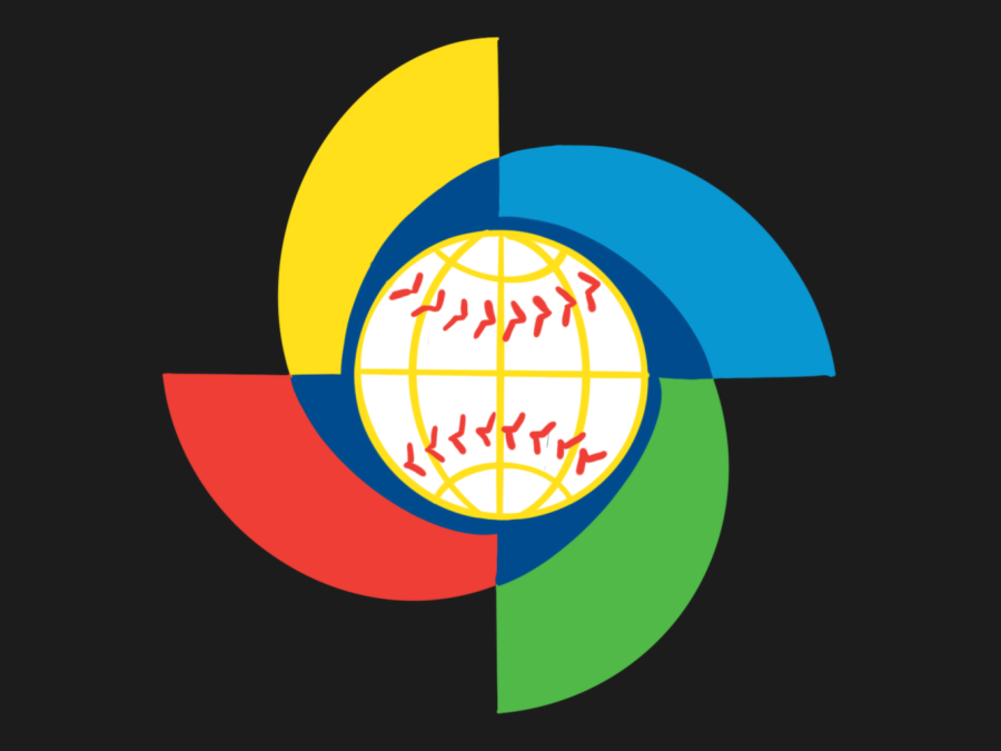 The World Baseball Classic logo, which is a white baseball with red seams surrounded by yellow, blue, green and red quarter circles.