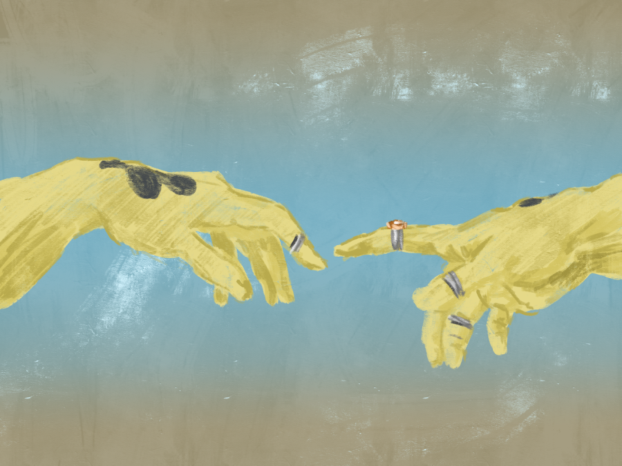 An edited illustration of Michelangelos “The Creation of Adam” showing the index fingers of a pair of yellow hands with black tattoos wearing rings touching.