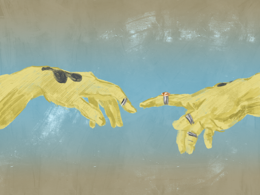 An edited illustration of Michelangelo's “The Creation of Adam” showing the index fingers of a pair of yellow hands with black tattoos wearing rings touching.