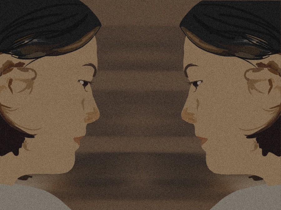An illustration of a mirror image of a woman’s face. She has short black hair.