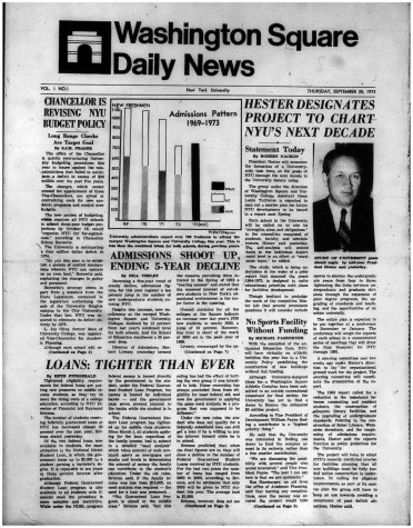 The front page of the first issue of the Washington Square Daily News on September twentieth, nineteen seventy-three.