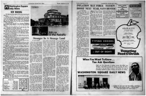 Two pages of the first issue of the Washington Square Daily News on September twentieth, nineteen seventy-three.