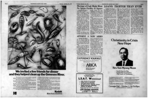 Two pages of the first issue of the Washington Square Daily News on September twentieth, nineteen seventy-three.