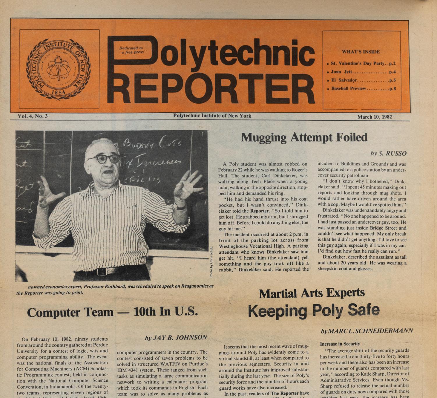 The front page from a 1982 Polytechnic Reporter (Polytechnic’s student newspaper) paper includes mugging attempts on students and the school hiring frat brothers to protect students.