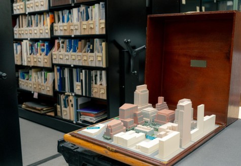 A small model of the MetroTech Center in Dibner Library’s Poly Archives