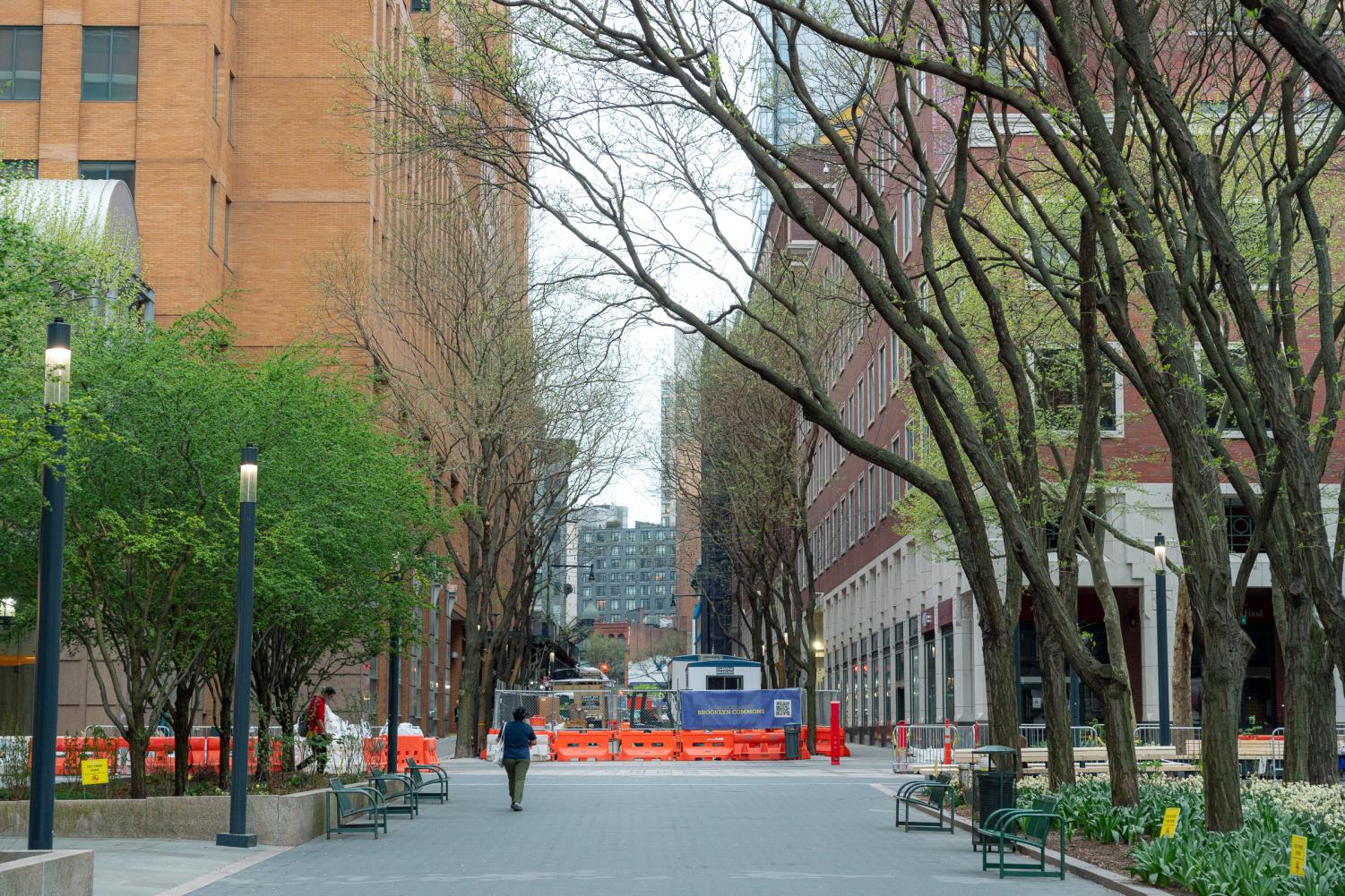 A small park appears nestled between various MetroTech buildings. The buildings share similar architectural styles of warm-toned facades and a surplus of small windows. The photo is taken as one walks along the path of the park between the buildings.
