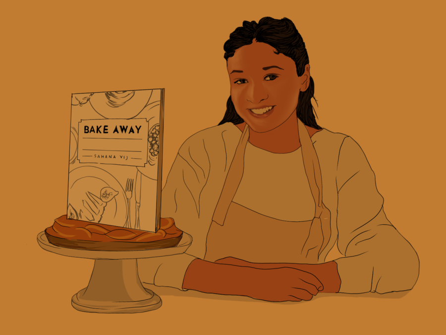 An illustration of Sahana Vij in an apron with a platter on a pedestal. On the pedestal is a menu which reads “BAKE AWAY” and “SAHANA VIJ” which is covered in imagery of silverware .