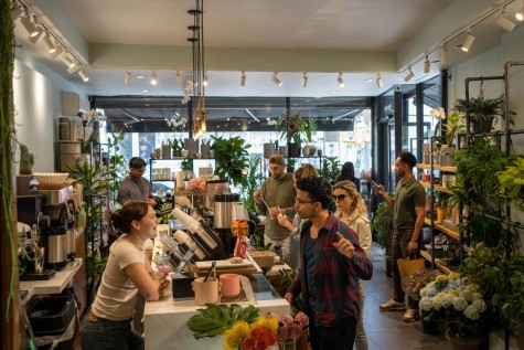 The interior of a cafe with potted plants and flowers on a shelf on the right. A barista talks with the customers behind a counter on the left.
