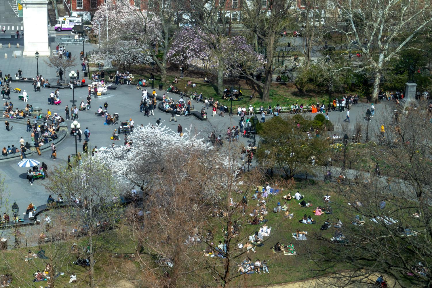 Washington Square Park with people walking and lying on grass.