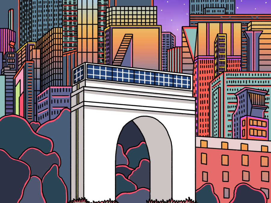 Illustration of the Washington Square Arch surrounded by vibrant, futuristic New York skyscrapers during sunset.