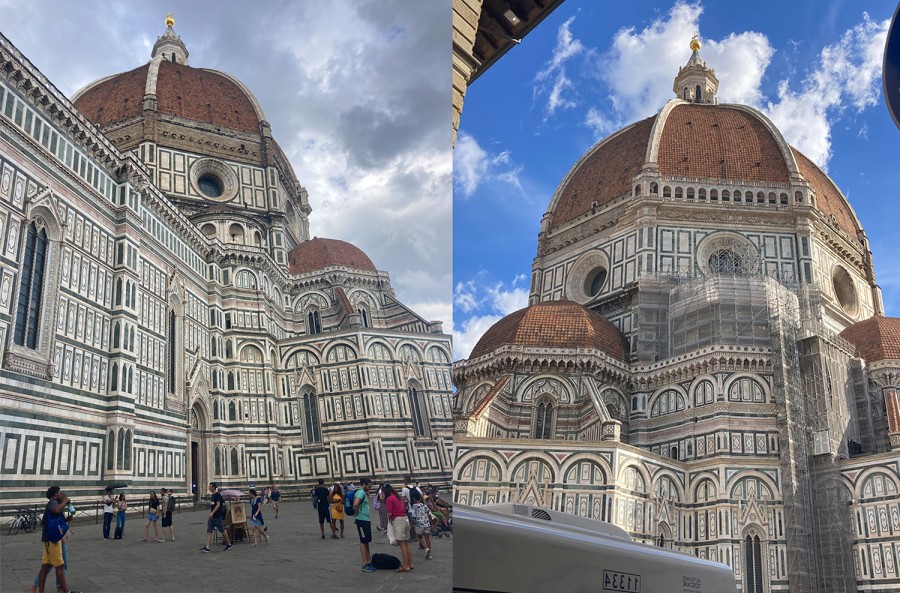 A collage of two photos of the Cathedral of Santa Maria del Fiore in Florence, Italy from two different angles.