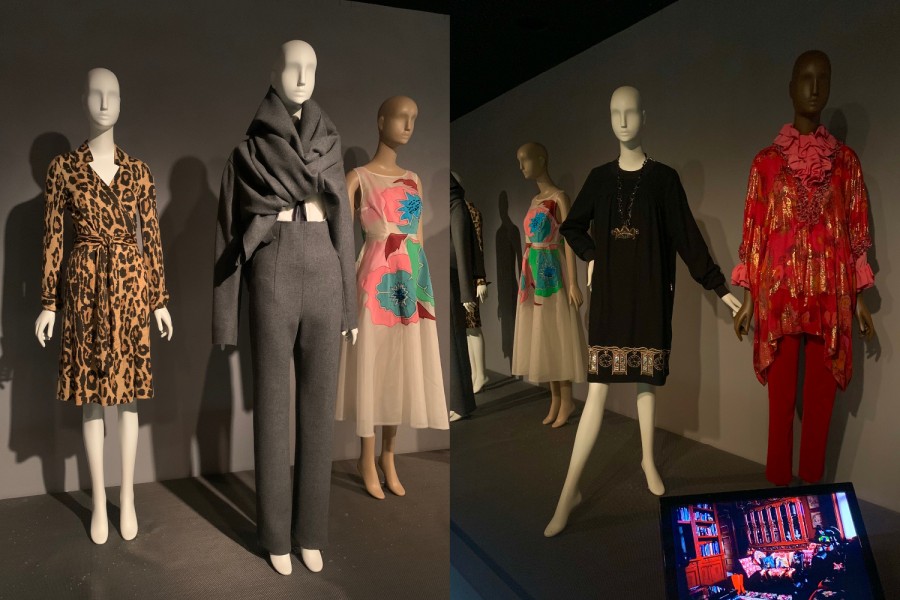 A collage of two photos of six mannequins wearing different fashion clothes. The mannequins are exhibited inside the Museum at F.I.T.