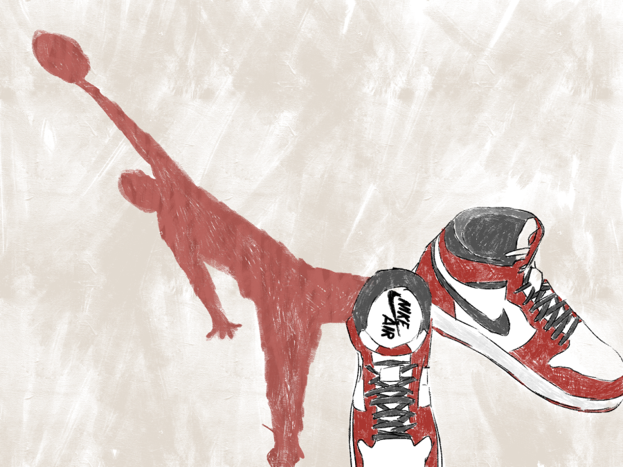 An illustration of a red silhouette of a person about to dunk a basketball, mid air. Next to the silhouette is a pair of red Nike Air Jordan sneakers.