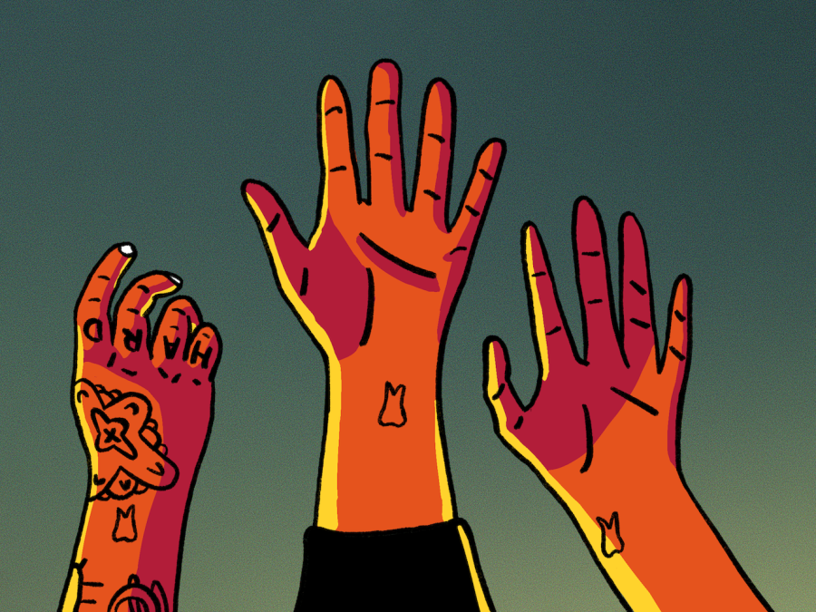 An illustration of three hands outstretched upward, all with tattoos, and one with the word “HARD” written on the knuckles. The background is blue and fades to yellow at the bottom.