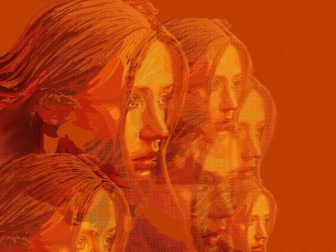 An illustration of six identical female faces overlapping each other. The image has an orange hue and background, giving a tint of orange to each face.