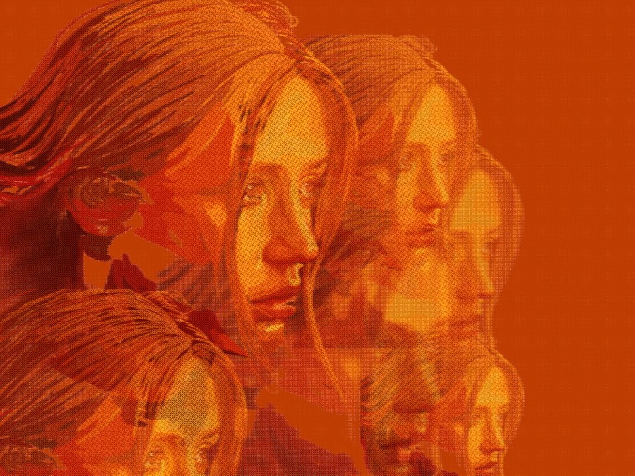 An+illustration+of+six+identical+female+faces+overlapping+each+other.+The+image+has+an+orange+hue+and+background%2C+giving+a+tint+of+orange+to+each+face.