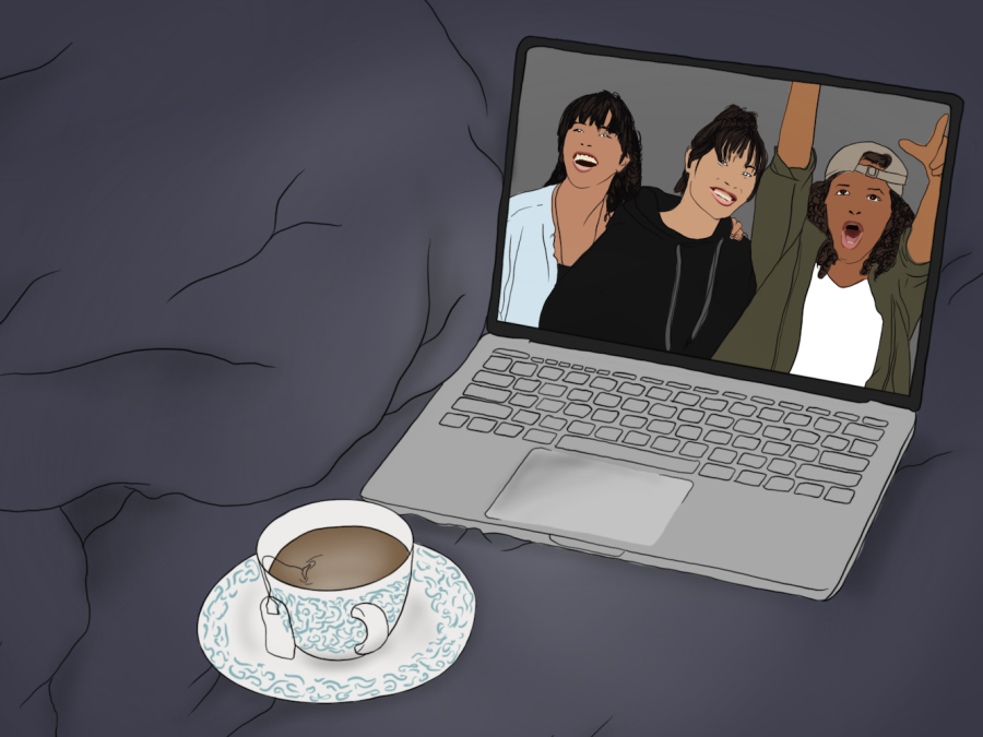 An illustration of a silver and black laptop shows a scene of three people with black hair dressed in loose outfits, posing for a photo.