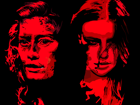 An illustration of two faces in red against a black background.