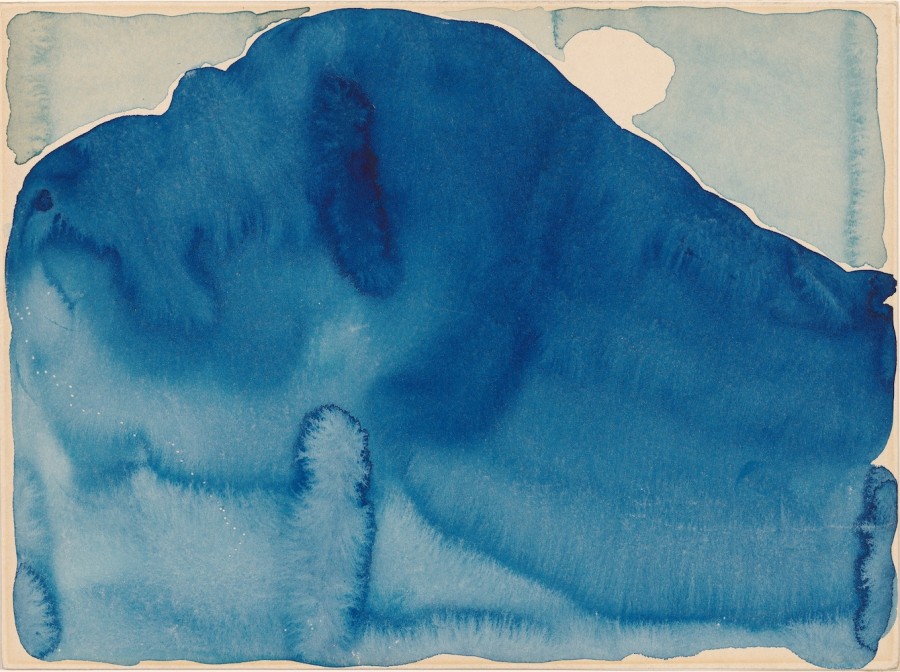 A painting titled Blue Hill Number Two, 1916. The watercolor painting shows large splashes of blue paint spread across the canvas.