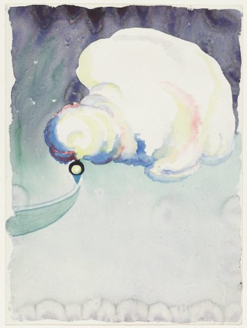 A painting titled Train at Night in the Desert, 1916. The watercolor painting shows a steam engine train traveling in the snow with steam blowing out of its chimney.