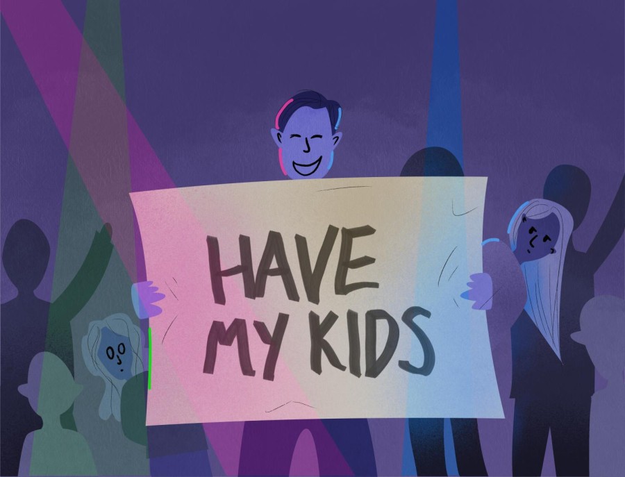 A person at a concert holds a large sign that reads “Have my kids.” People behind them look surprised.