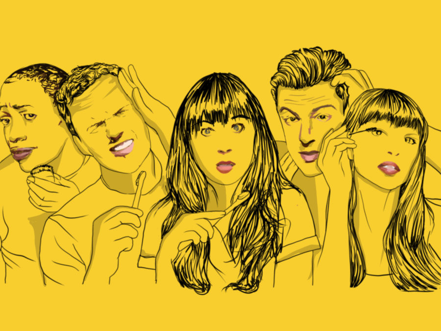An illustration of five figures drawn with yellow as the fill color and realistic red lips.