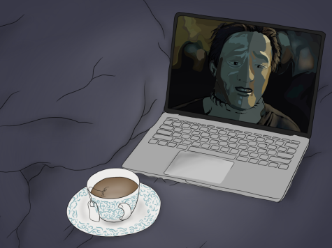 An illustration of a silver and black laptop with an image of a prisoner wearing a mask in a dimly lit room.