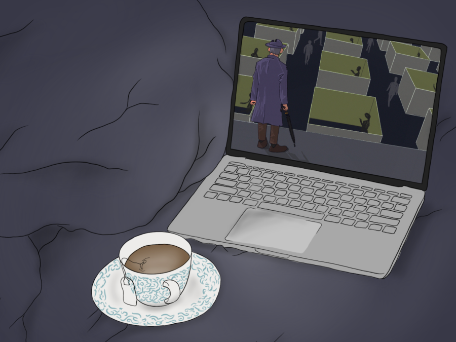 An illustration of a silver and black laptop, which has displayed on its screen a man in a dark blue trench coat and hat overseeing a field of figures in green and black cubicles.
