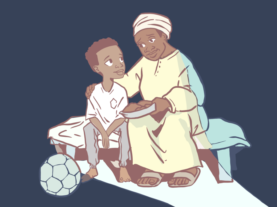 An older woman sits next to a young boy on a bench and offers him food with her arm around his shoulder. A soccer ball rests beside them on the ground. The background is dark blue.