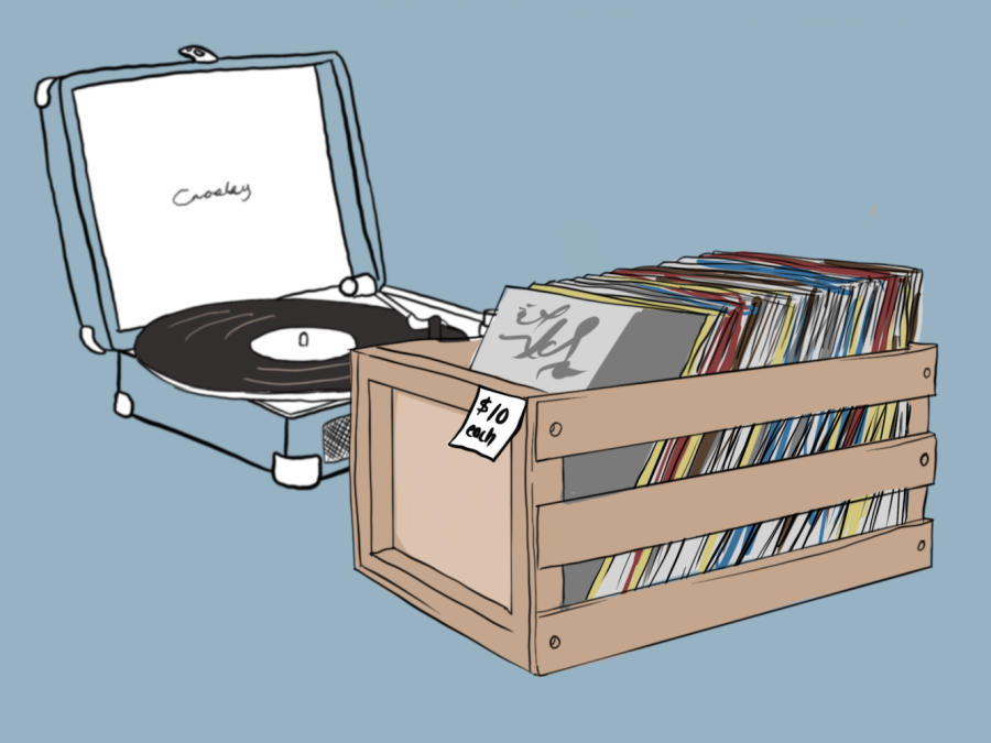 An illustration of a light blue Cooley jukebox and a box of vinyl records labeled “ten dollars each.”
