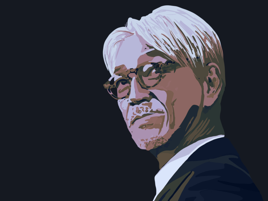 An illustration of composer Ryuichi Sakamoto against a black background. He has long, white hair and is wearing a black suit.
