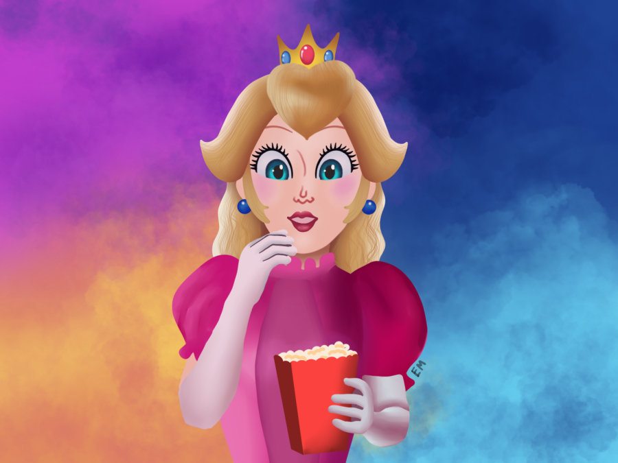 An+illustration+of+Princess+Peach%2C+with+a+pink+dress%2C+blonde+hair+and+a+crown%2C+eating+popcorn+in+front+of+a+purple%2C+orange%2C+blue+and+navy+background.+She+is+holding+a+gloved+hand+up+to+her+face.
