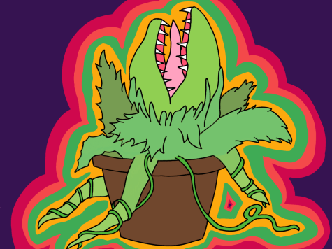An illustration of a green plant in a brown pot against a purple background. The plant has sharp teeth inside a red mouth.