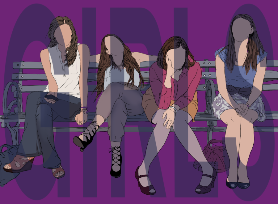 An illustration of four girls sitting on a bench with the text “girl’ overlaid on the image