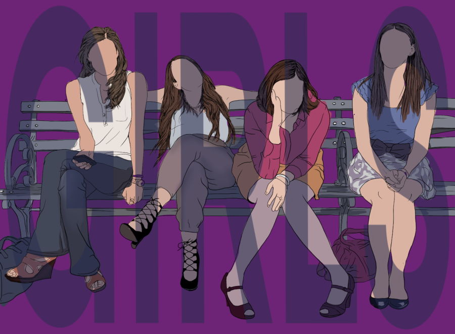 An+illustration+of+four+girls+sitting+on+a+bench+with+the+text+%E2%80%9Cgirl%E2%80%99+overlaid+on+the+image