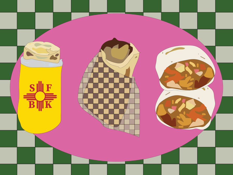 An+illustration+of+three+burritos+with+different+packaging+against+a+pink+circle+with+a+checkered%2C+green-and-white+background.